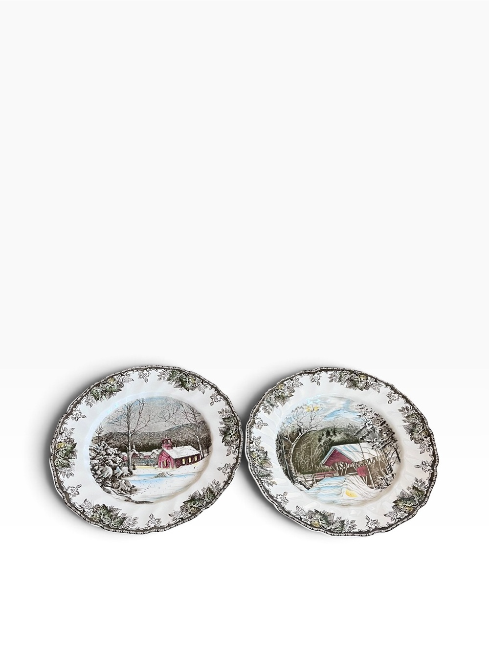2 Johnson Bros Friendly Village Plates 10¾” The Covered Bridge & School House